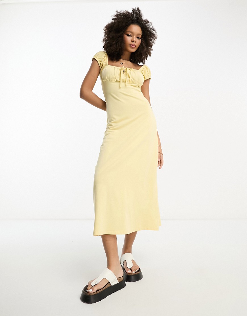 ASOS DESIGN cap sleeve ruched midi dress with tie detail in lemon-Yellow