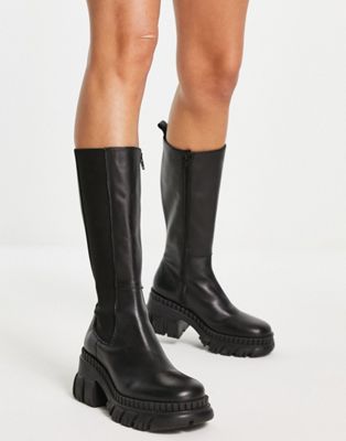 Capricorn premium leather chunky chelsea knee boots in black