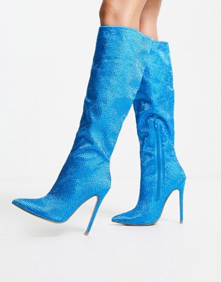 Carly pull on knee boots in blue rhinestone