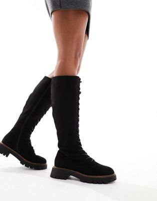 Carolina chunky lace up knee high boots in black