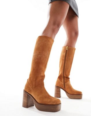 Cece suede platform knee boots in tan