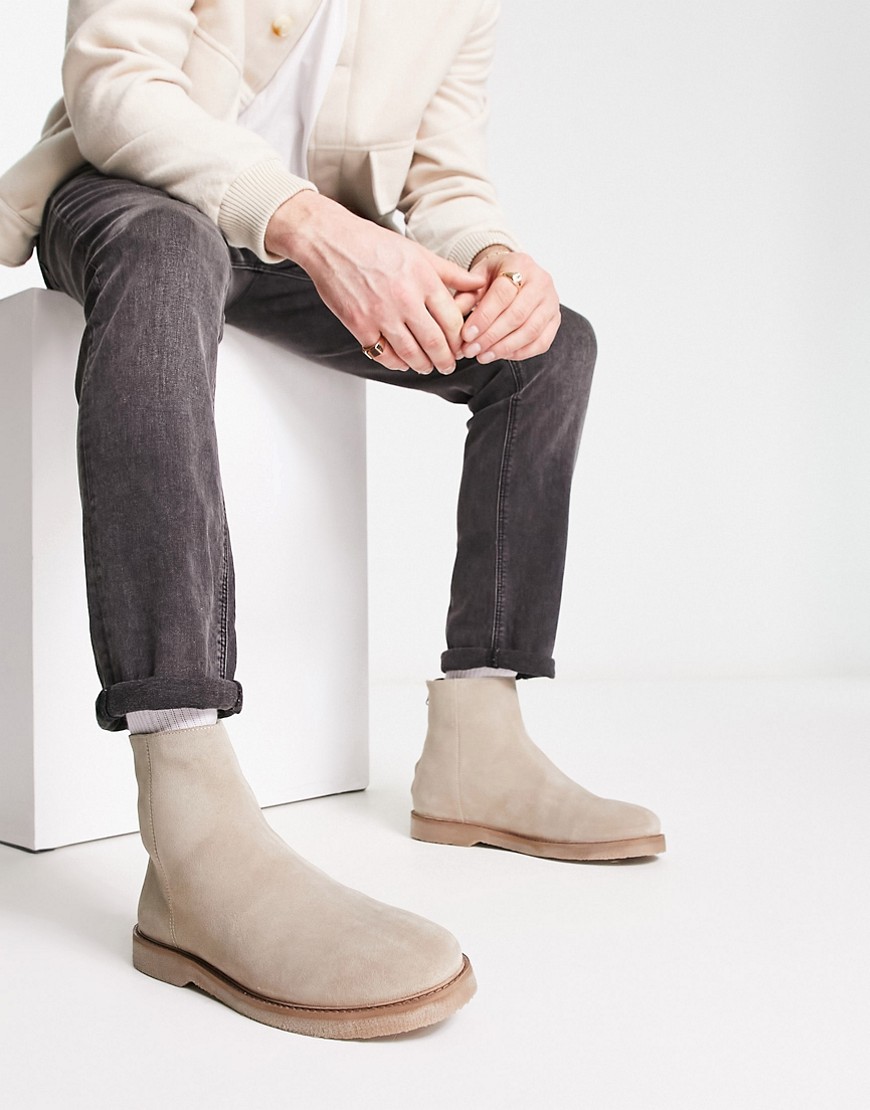ASOS DESIGN chelsea boots in stone suede with zip detail and faux crepe sole-Neutral