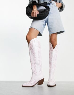 Chester contrast stitch western knee boot in white