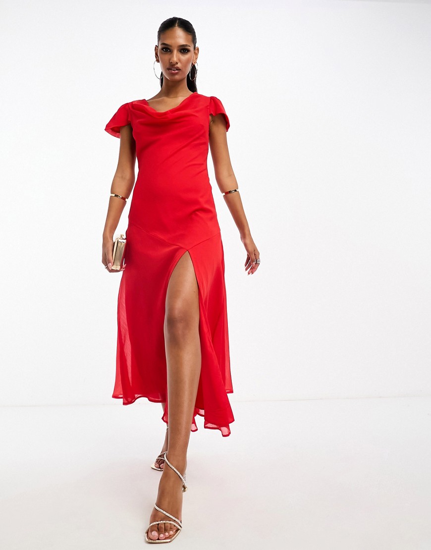 ASOS DESIGN chiffon cowl neck midi dress with puff sleeves and asymmetric hem in red