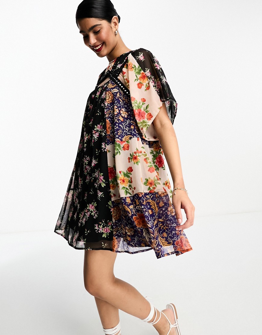 ASOS DESIGN chiffon mini smock dress with mirror trims in patchwork floral-Multi