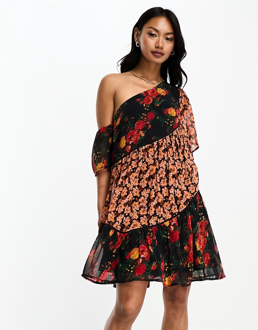 ASOS DESIGN chiffon one shoulder mini smock dress with spliced mixed prints-Multi