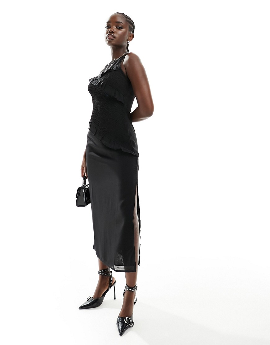 ASOS DESIGN chiffon sleeveless midi dress with shirred panel detail in black