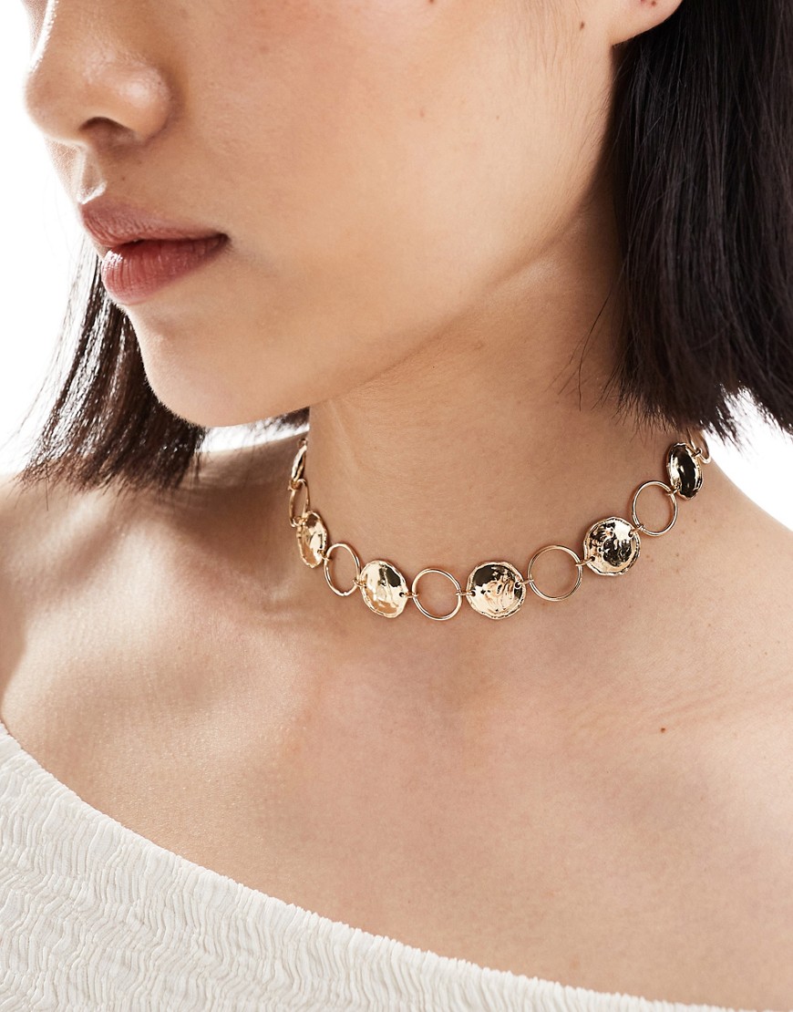 ASOS DESIGN choker necklace with hammered disk design in gold tone