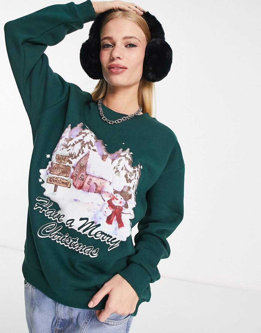 ASOS DESIGN Christmas oversized sweatshirt jumper with retro scenic print in forest green