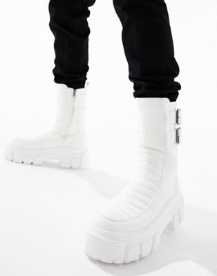 chunky boots in white faux leather with padding and buckle details