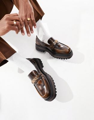 chunky brown loafers in faux leather