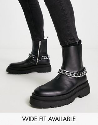 chunky calf boot in black faux leather with silver chain
