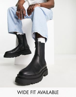chunky chelsea calf boots in black faux leather