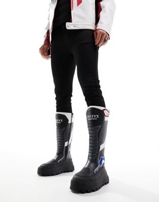 chunky knee high biker boot with motocross details in black