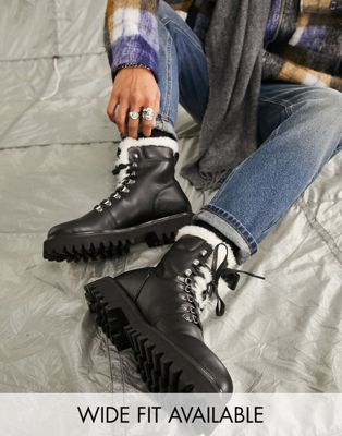 chunky lace up boot in black faux leather with borg lining