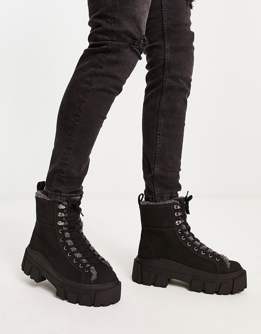 ASOS DESIGN chunky lace up boot in black faux suede with faux borg lining