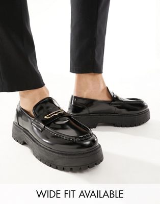 chunky loafers in black faux leather with gold snaffle