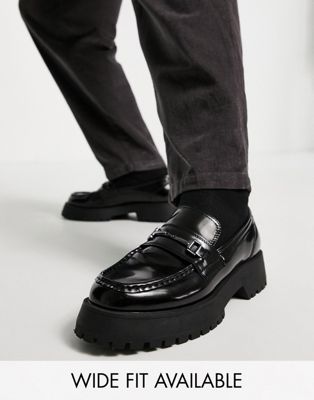 chunky loafers in black faux leather with snaffle detail