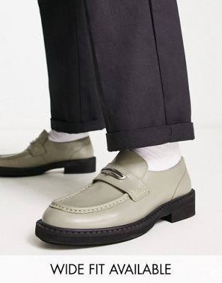 chunky loafers in sage leather with black contrast sole