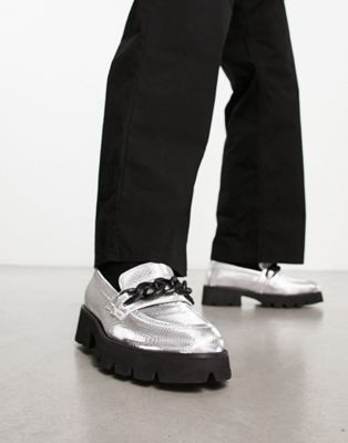 chunky loafers in silver faux leather with chain detail