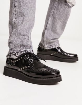 chunky sole creeper with eyelet detail in black faux leather