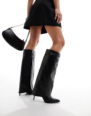 Clearly high-heeled fold over knee boots in black