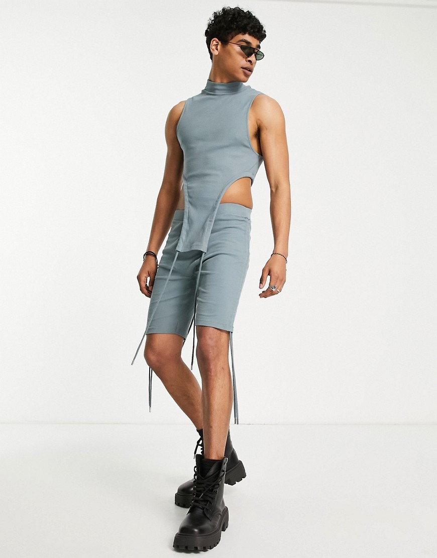 ASOS DESIGN co-ord muscle skater rib vest with drawcords in blue