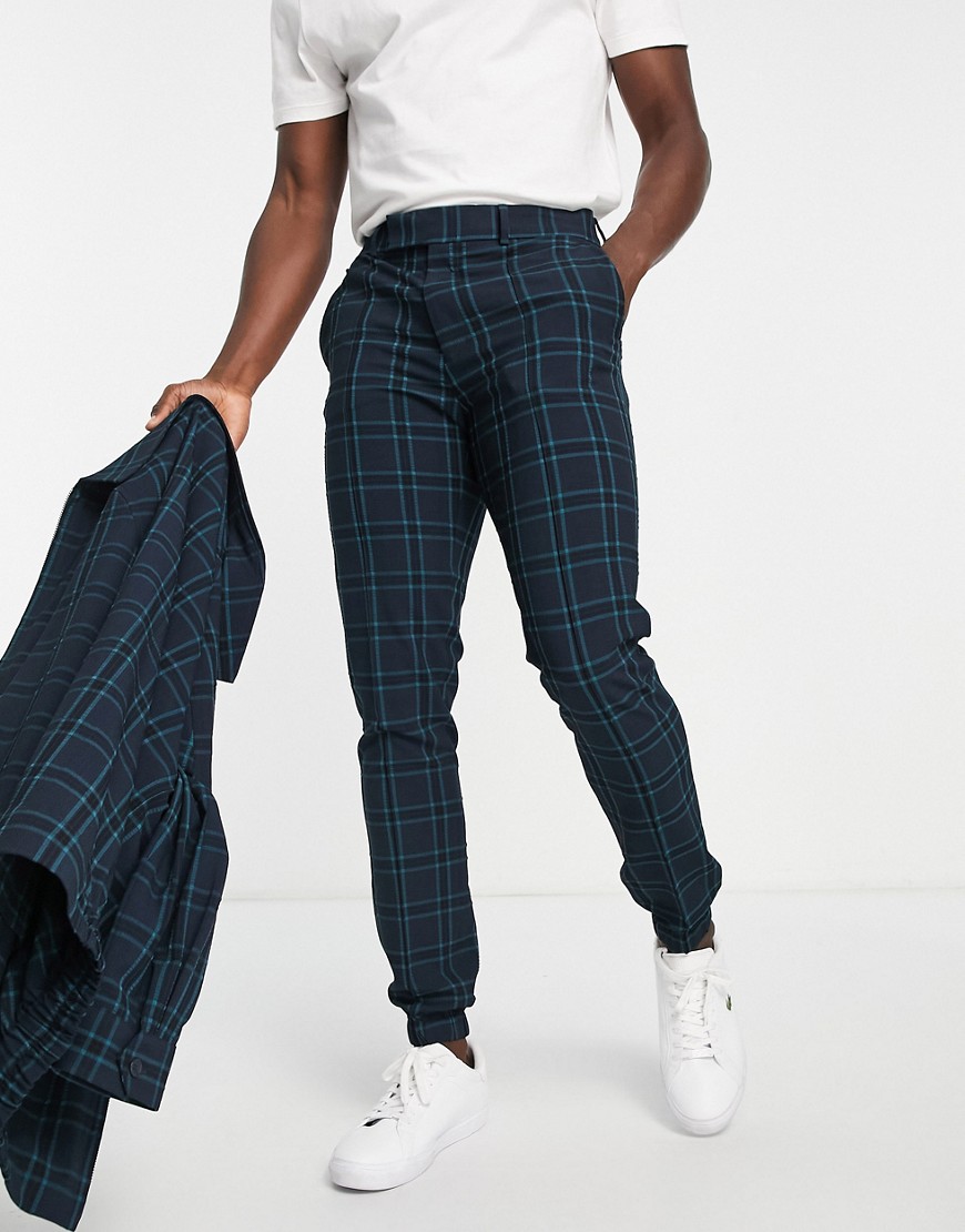 ASOS DESIGN co-ord smart skinny crepe check trousers with jogger cuff in navy