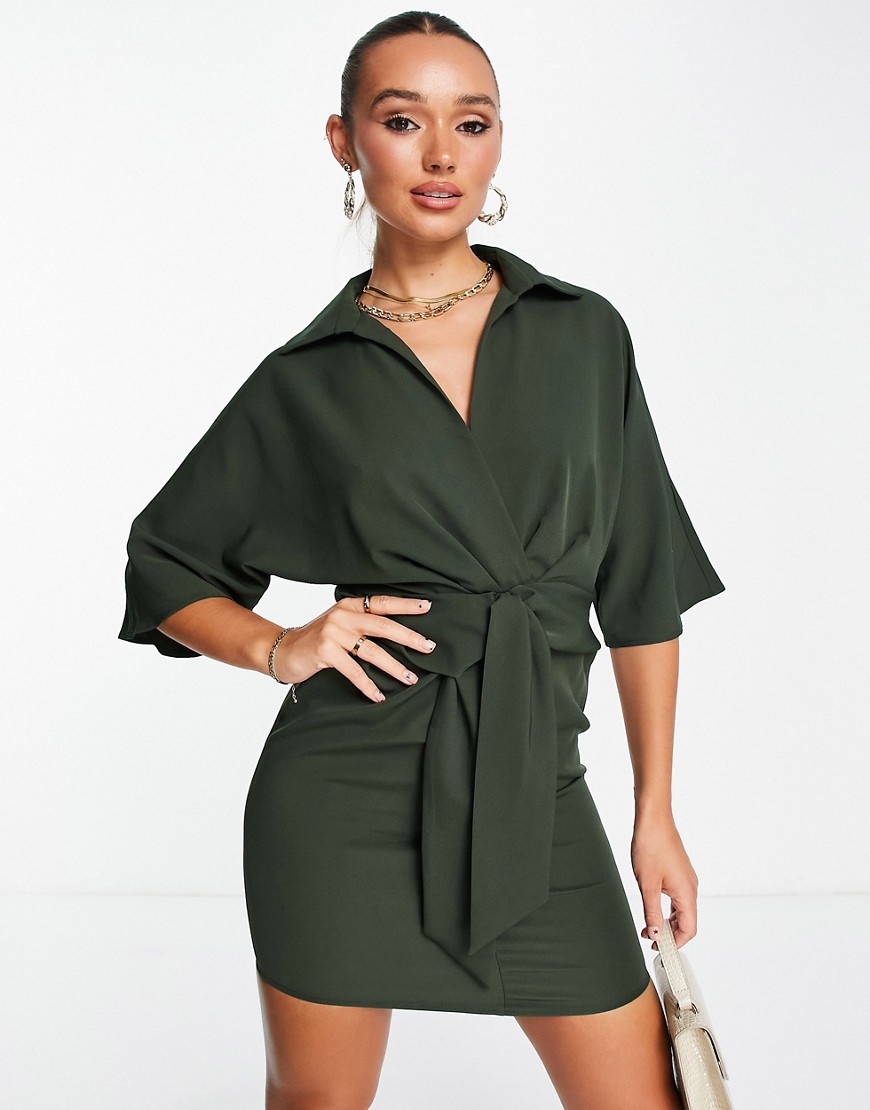 ASOS DESIGN collared wrap front batwing mini dress with knot in khaki-Green