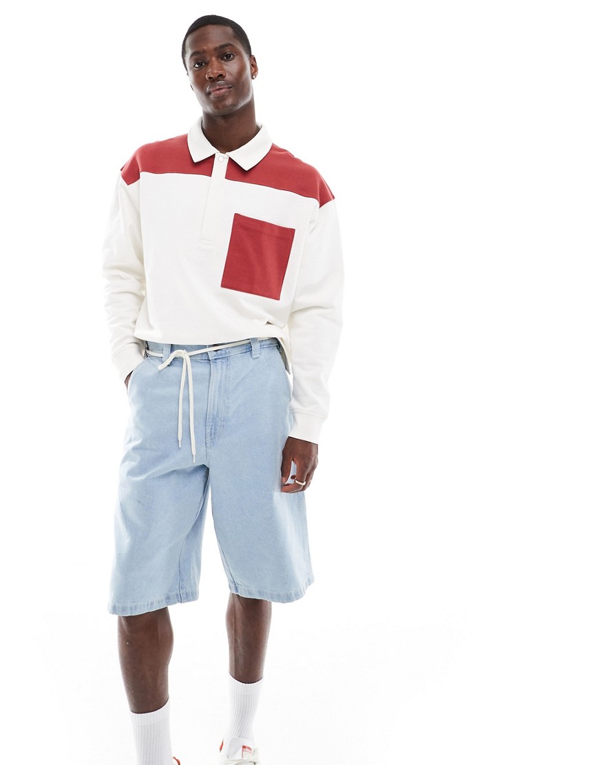 ASOS DESIGN colour block extreme oversized polo sweatshirt in white and red-Multi