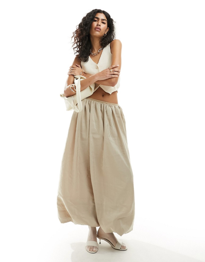 ASOS DESIGN contrast waistband bubble maxi skirt in stone-Neutral