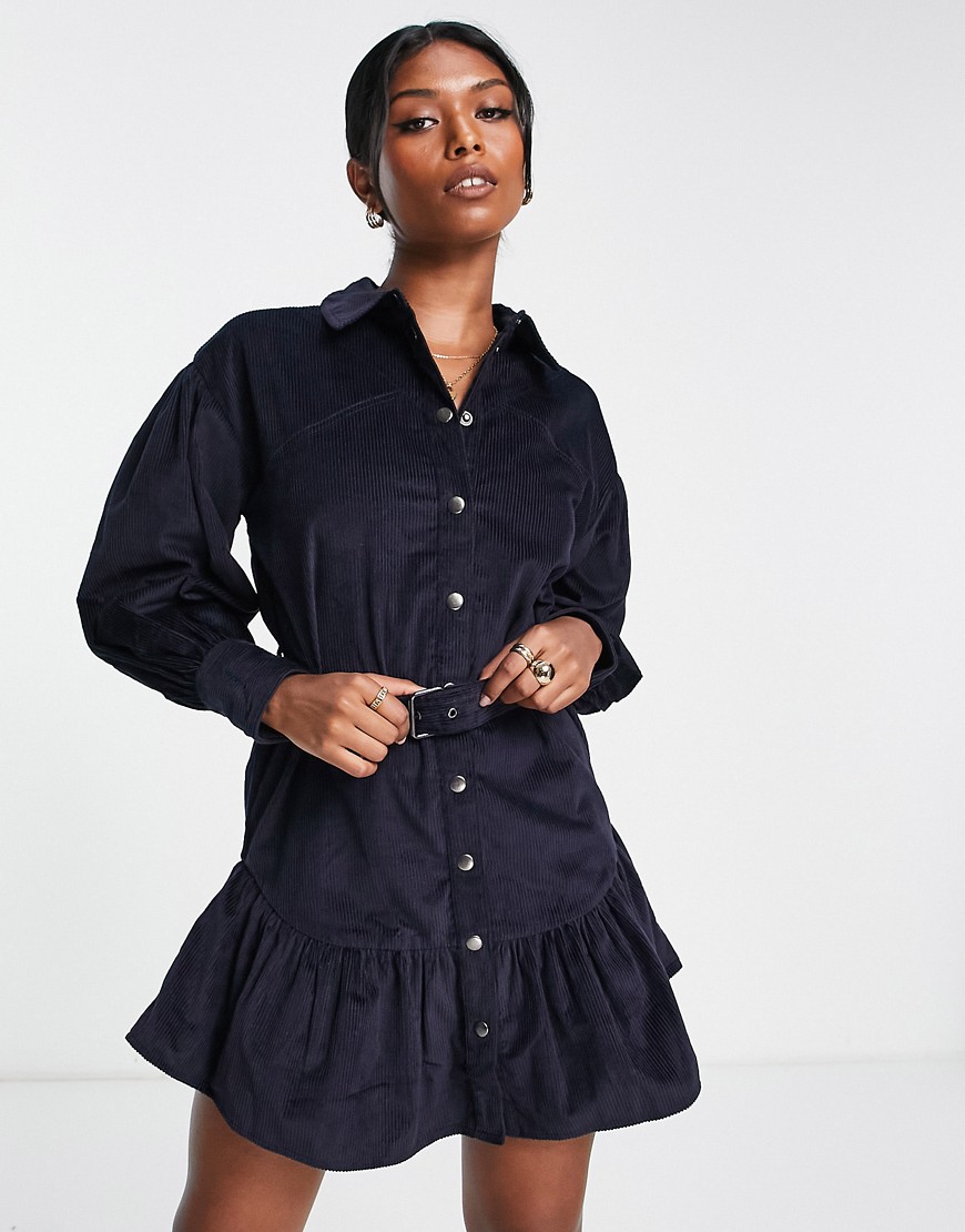 ASOS DESIGN cord mini shirt dress with buckle in navy-Multi
