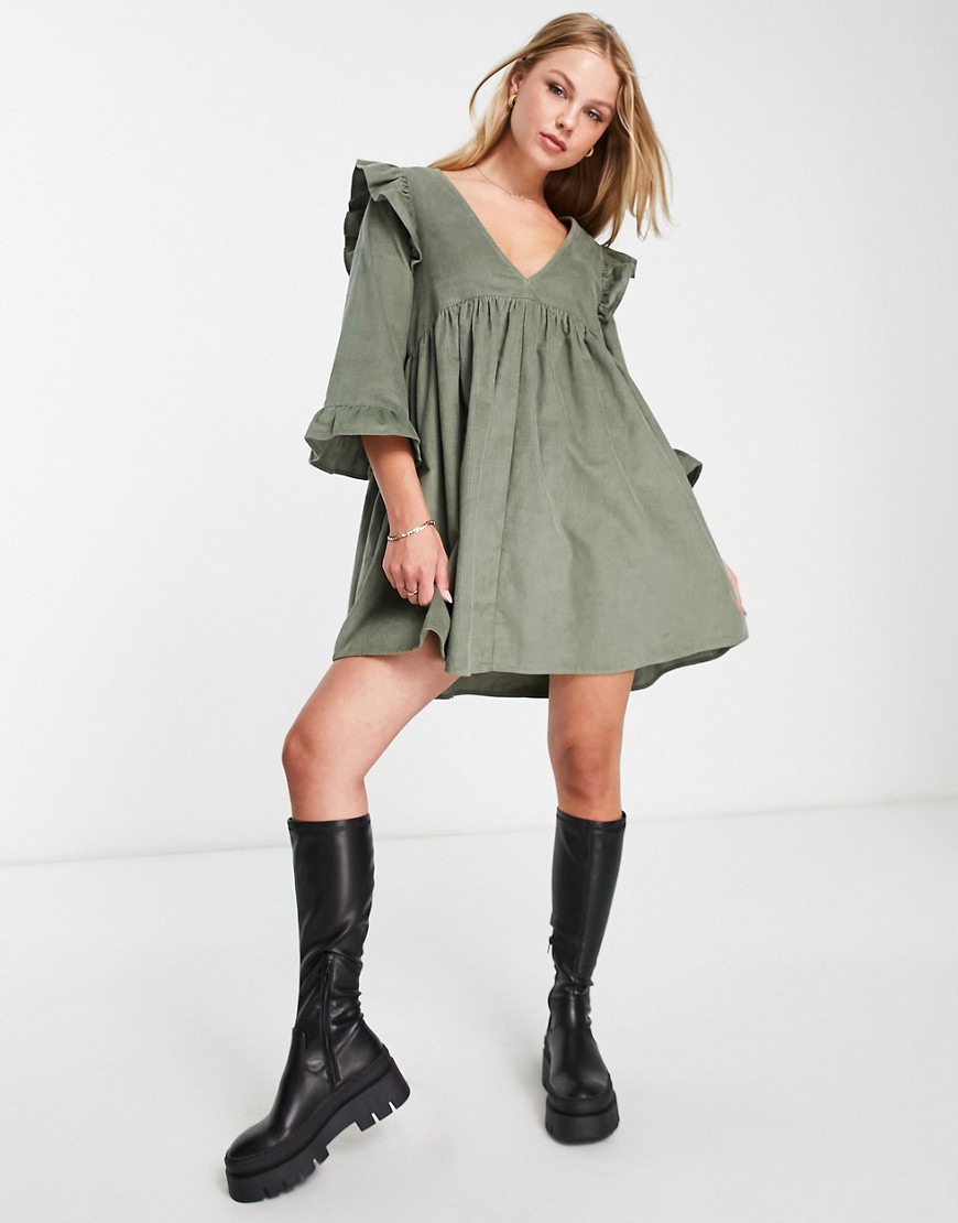 ASOS DESIGN cord mini smock dress with ruffle shoulder in khaki-Green