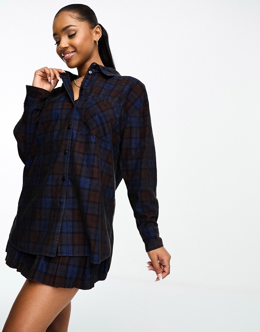 ASOS DESIGN cord oversized shirt in brown and blue check co-ord