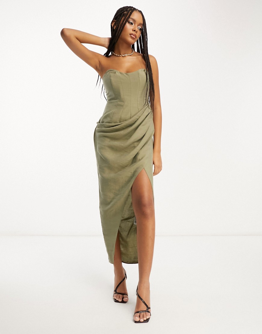 ASOS DESIGN corset bandeau midi dress in washed fabric with drape detail skirt in khaki-Green