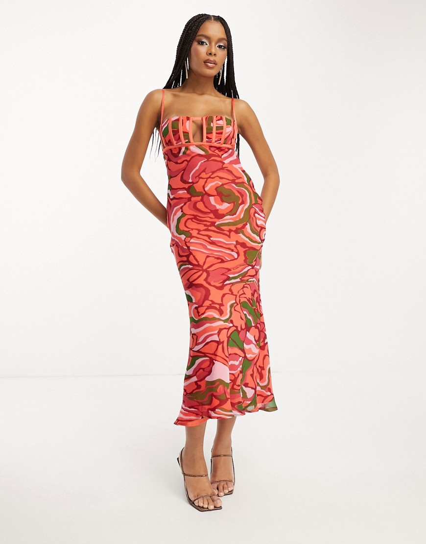 ASOS DESIGN corset bust detail bias midi dress in abstract floral print-Multi