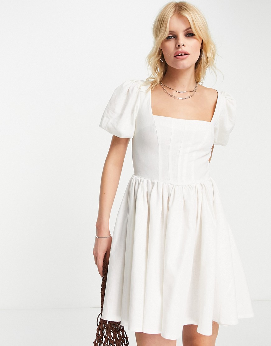 ASOS DESIGN corset linen mini skater dress with puff sleeve in white