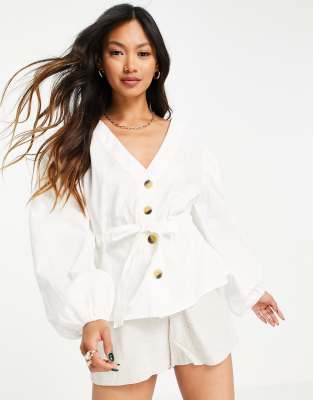 Cotton button through top with tie waist in ivory - Click1Get2 Promotions