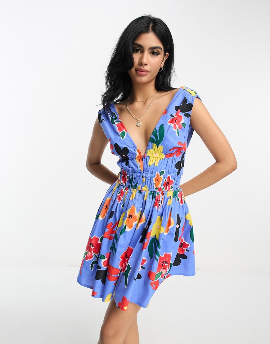 ASOS DESIGN cotton plunge button through mini sundress with elastic channel detail in bright blue floral-Multi