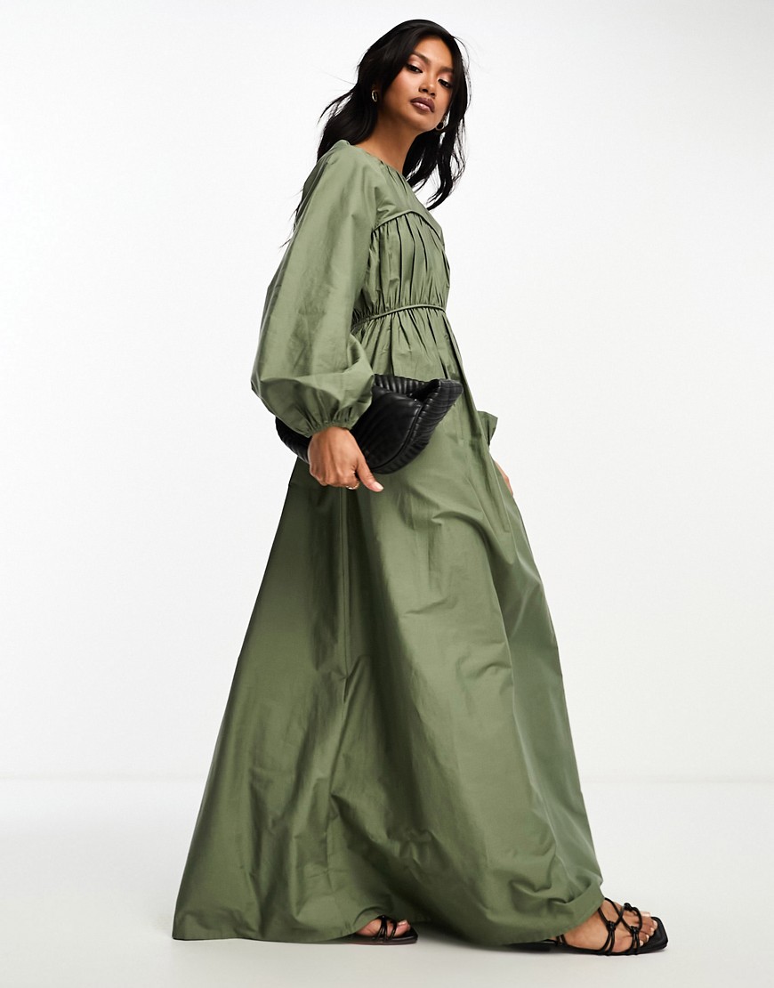 ASOS DESIGN cotton poplin maxi dress with ruched bust detail in olive-Green