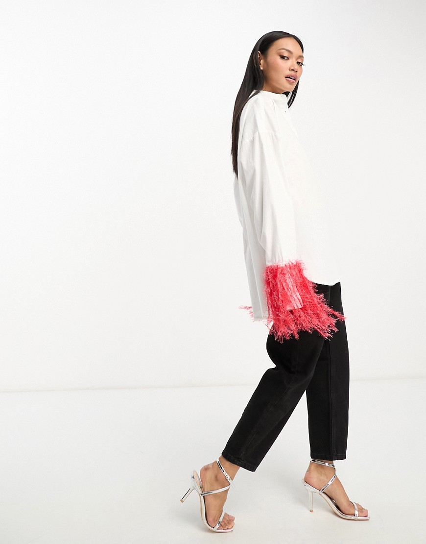 ASOS DESIGN cotton shirt in white with red faux feather cuff detail