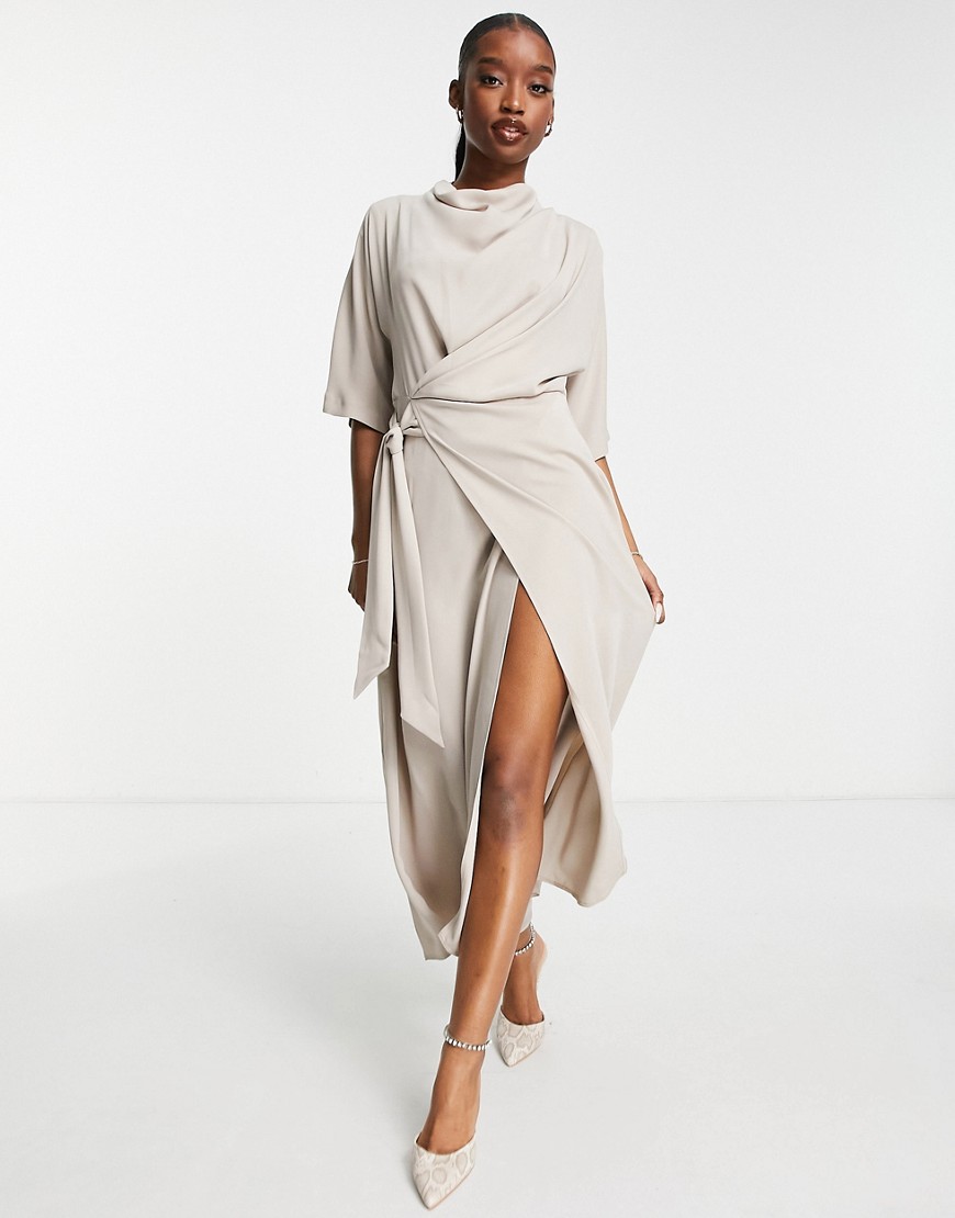 ASOS DESIGN cowl neck midi dress with wrap skirt in taupe-Neutral