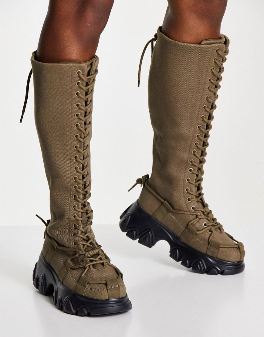 ASOS DESIGN Crafty chunky canvas lace up boots in khaki-Green