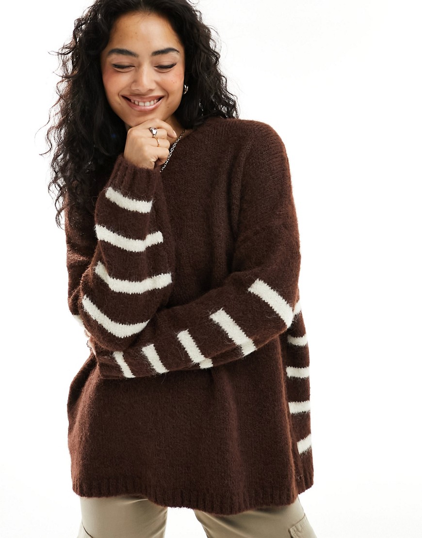 ASOS DESIGN crew neck jumper with stripe back detail in brown and cream