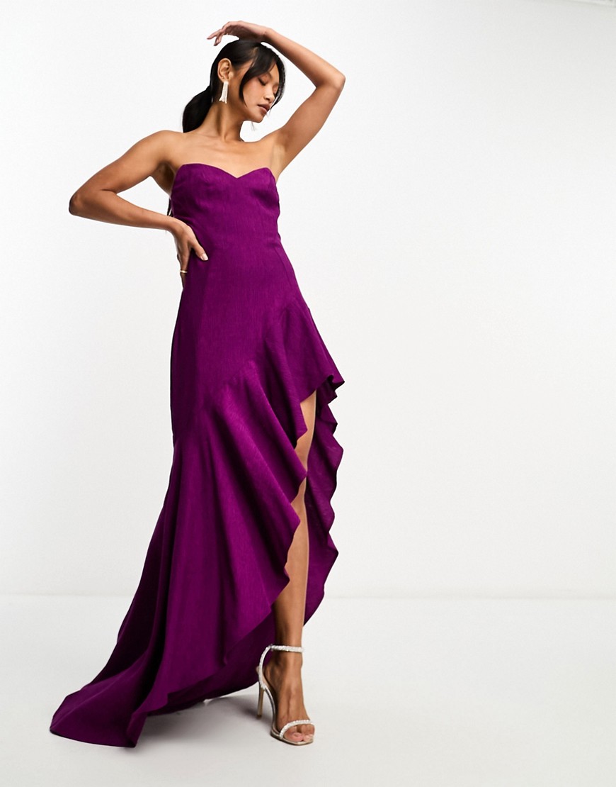 ASOS DESIGN crinkle bandeau ruffle maxi dress with asymmetric hem in purple