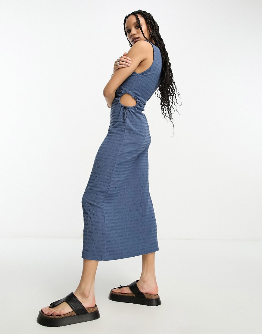 ASOS DESIGN crinkle midi dress with cut out side detail and toggle trim in blue