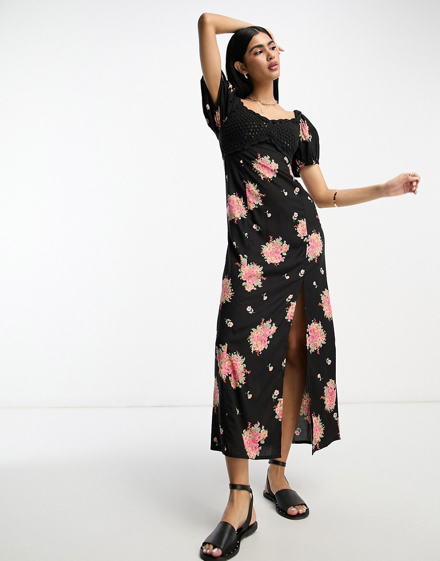 ASOS DESIGN crochet bardot midi dress in dark based floral print-Multi