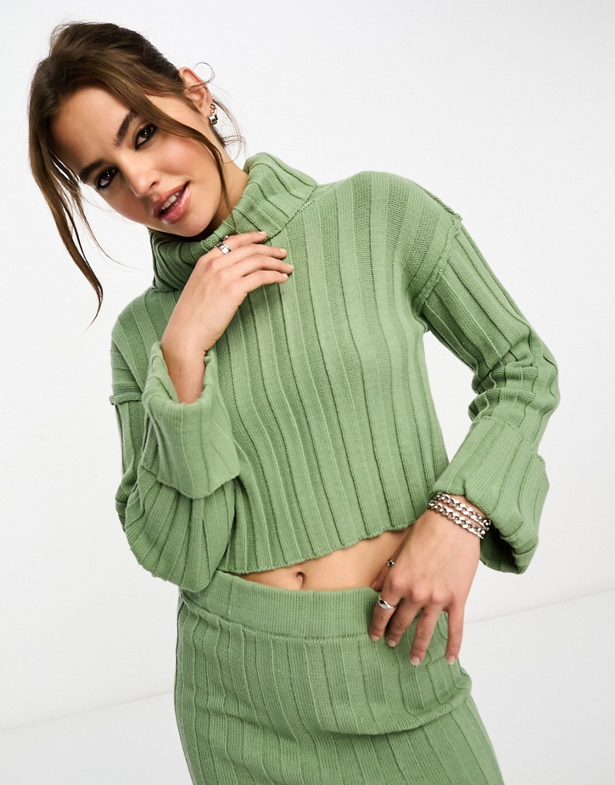 ASOS DESIGN crop jumper with high neck in rib in khaki co-ord-Green