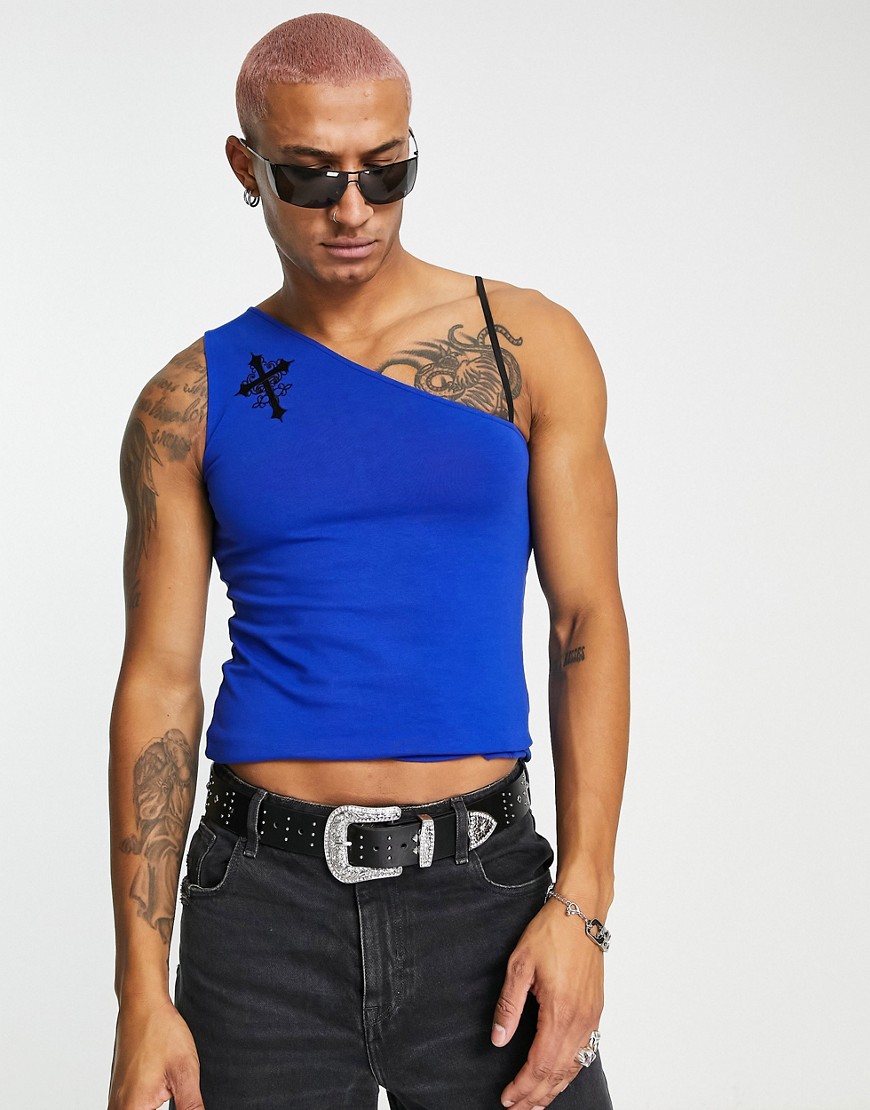 ASOS DESIGN cropped asymmetric vest in deep blue with cross embroidery detail