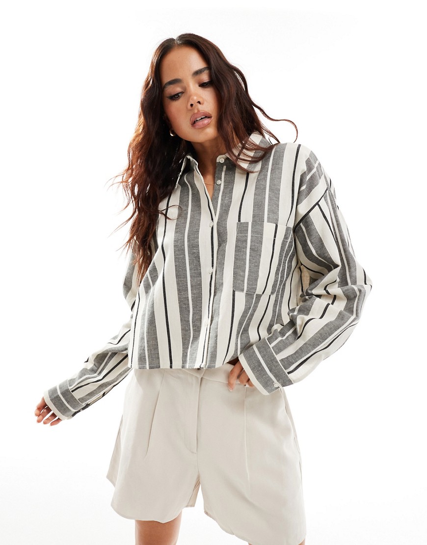 ASOS DESIGN cropped linen look shirt in stripe-Grey